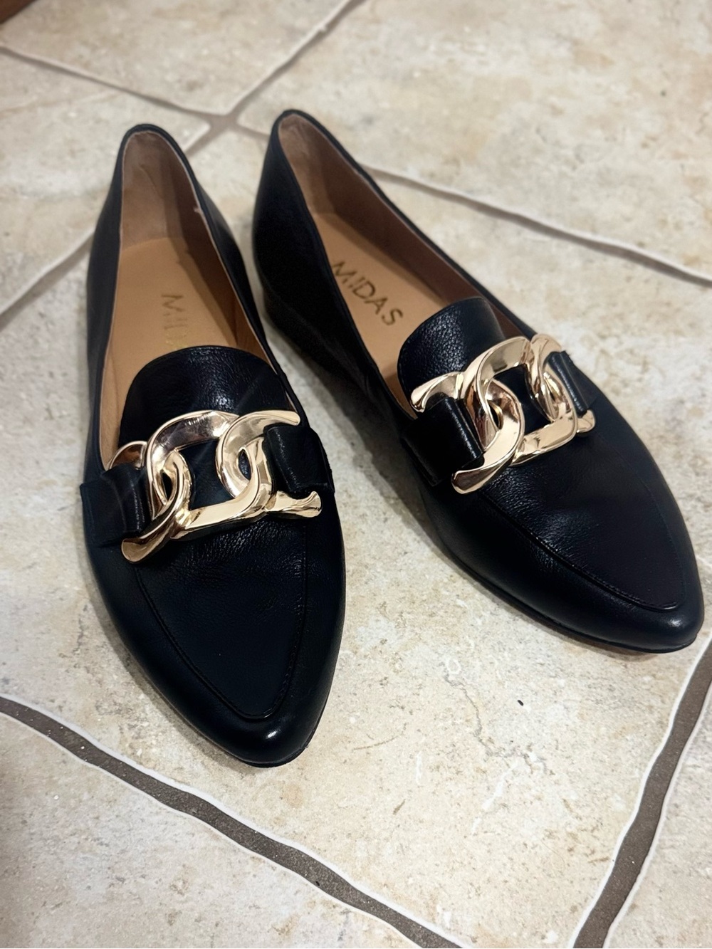 MIDAS - Symona Black Leather Pointed Loafer with Gold Chain